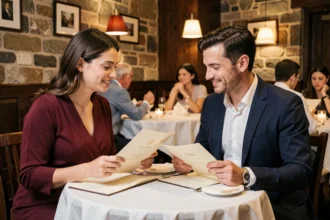Couple en amoureux attablé dans un restaurant intime à Argenteuil, ambiance chaleureuse et romantique pour une soirée en tête-à-tête