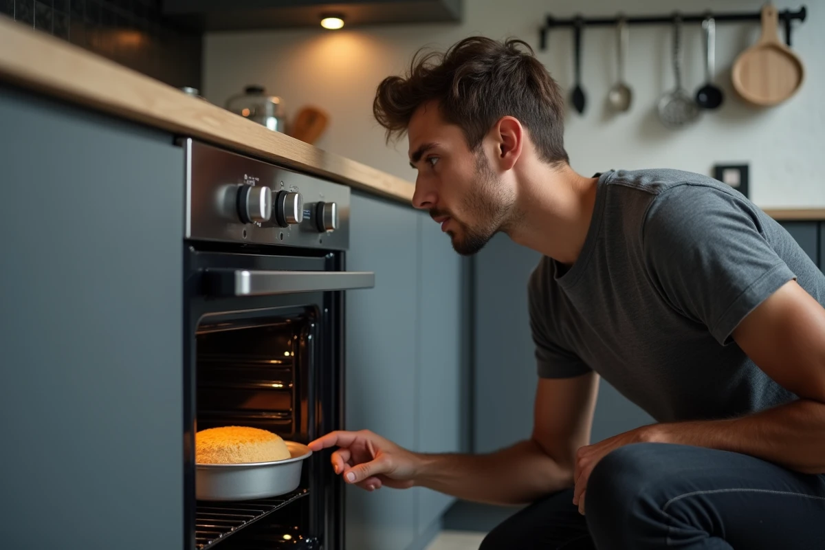 Homme surveillant la cuisson d'un gâteau dans un four réglé à 180 degrés