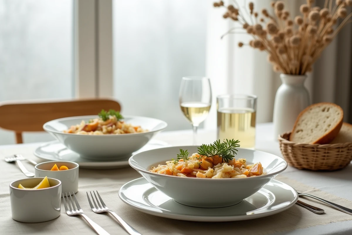 Table dressée avec deux bols de choucroute aux poissons à la vapeur accompagnés de moutarde et de vin blanc dans un intérieur scandinave