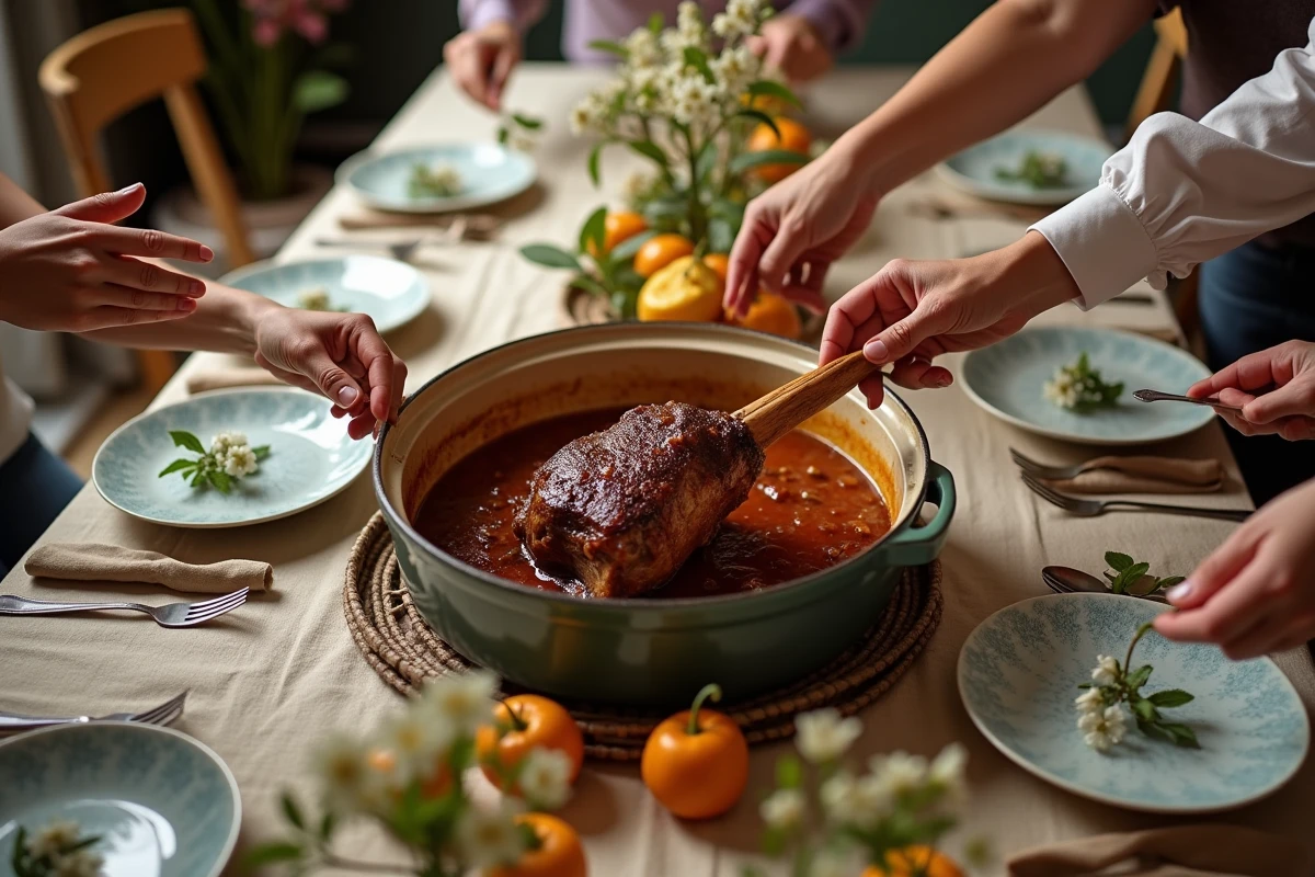 Table de Pâques avec agneau et famille réunie