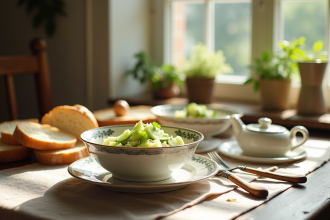 Table de déjeuner française avec salade de concombre et baguette