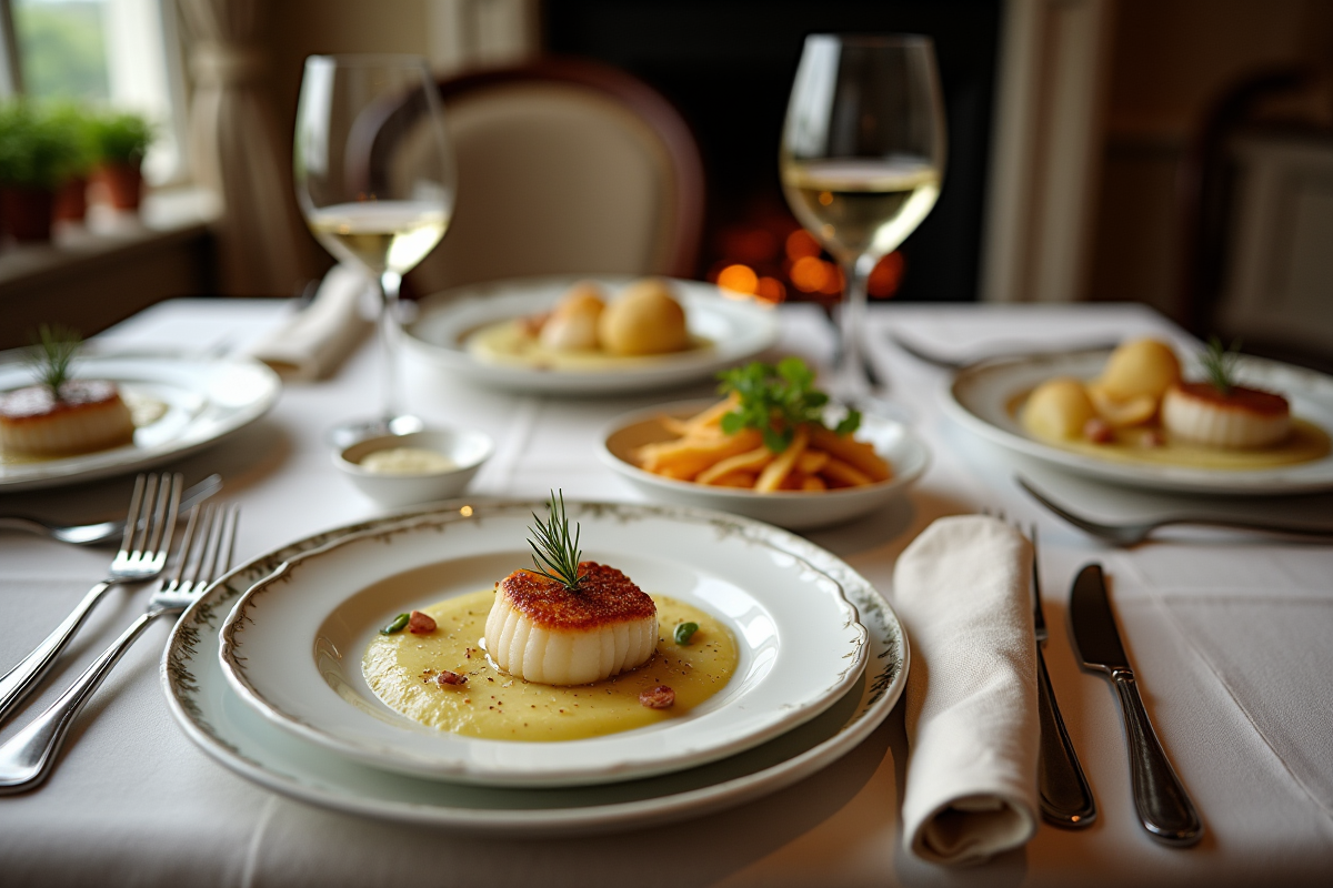 Table raffinée avec coquilles Saint-Jacques et accompagnements