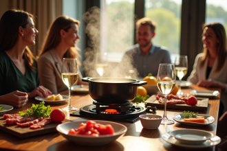 Table de dîner avec amis dégustant une fondue bourguignonne