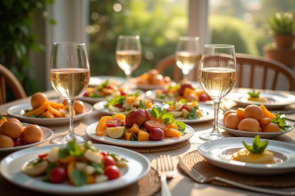 Table lumineuse avec fruits et legumes U et vins blancs et rosés