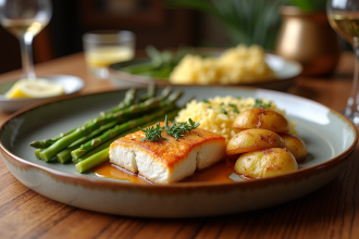 Table en bois avec plats d'accompagnement et poisson frais