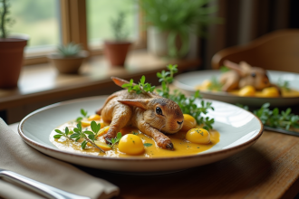 Table rustique avec plat de lapin à la moutarde