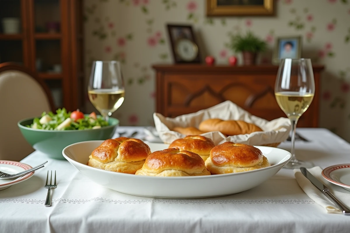 Table familiale du dimanche avec plat de service de bouchées à la reine, salade verte, baguette et verres de vin blanc dans une salle à manger française traditionnelle
