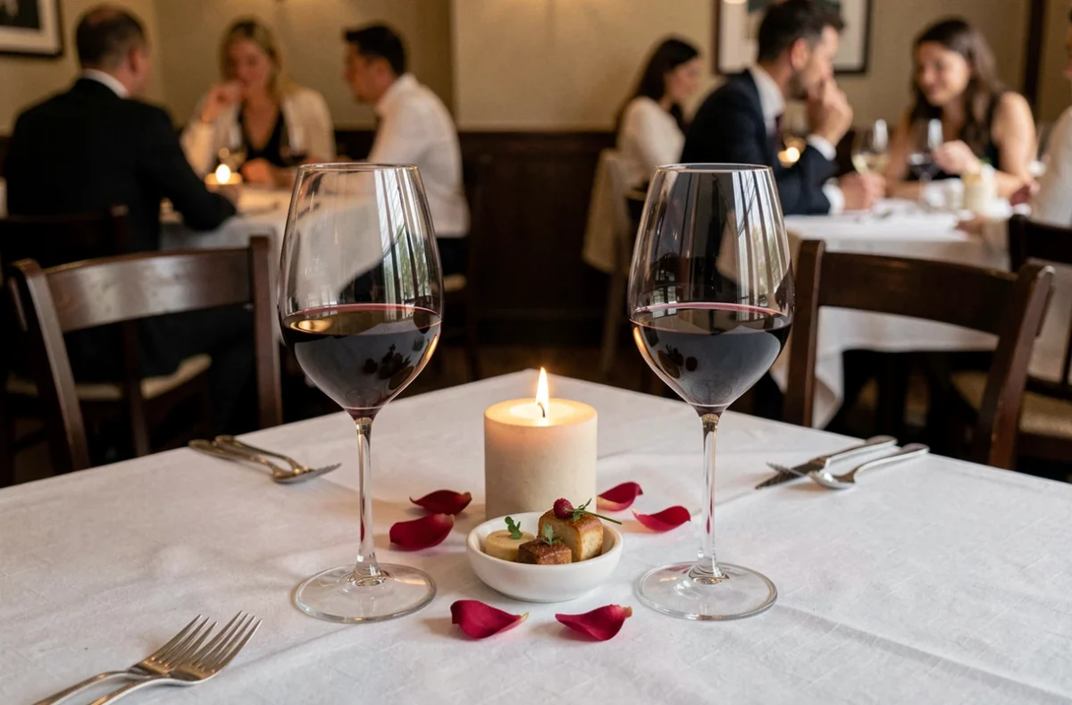 Verres de vin rouge et mise en scène romantique sur une table de restaurant français, ambiance soirée en amoureux avec bougie et pétales de rose