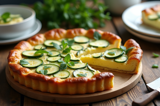 Tarte courgettes et chèvre fraîchement cuite sur table en bois