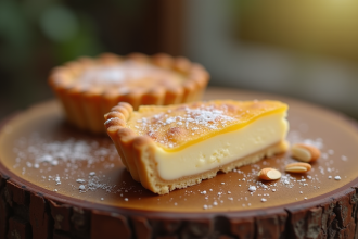 Part de tarte aux amandes fraîchement cuite sur une table en bois