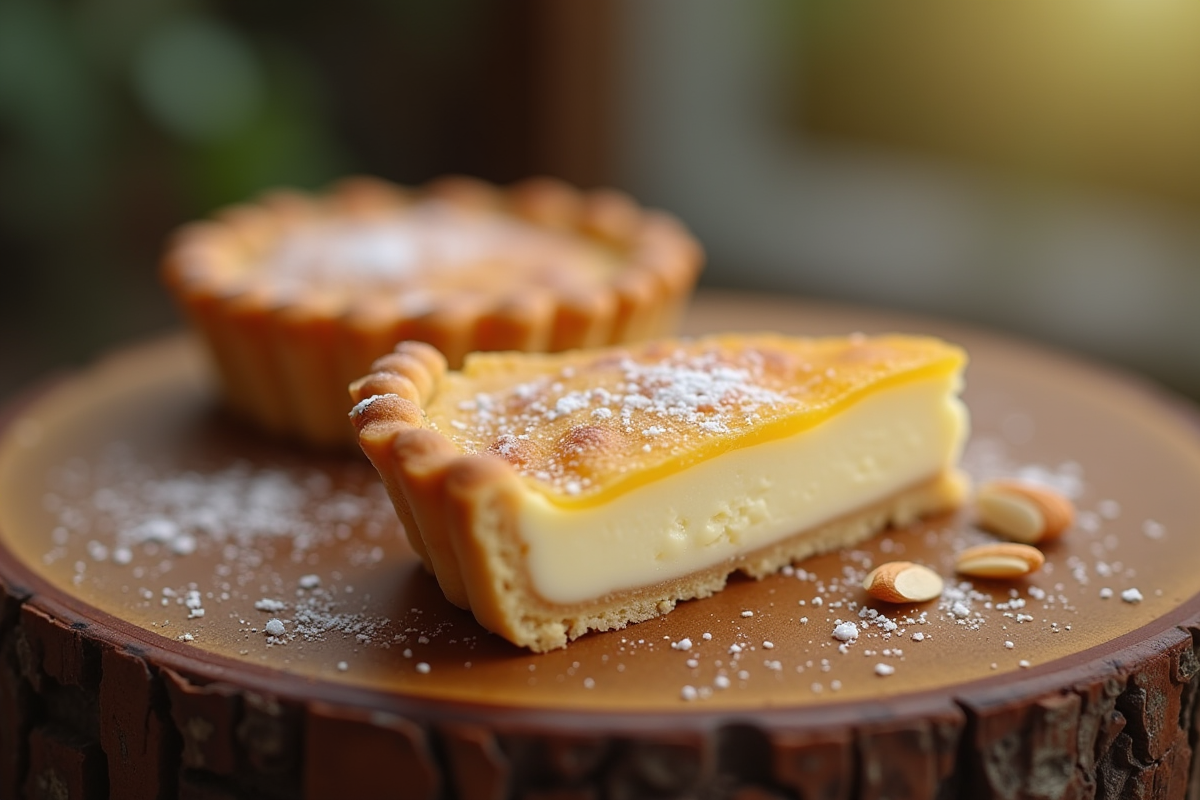 Part de tarte aux amandes fraîchement cuite sur une table en bois