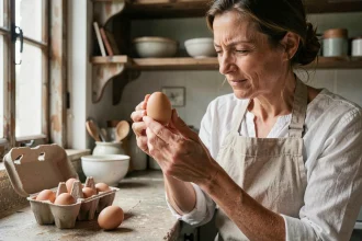 Femme tenant un œuf frais à contre-jour devant une fenêtre de cuisine pour vérifier sa fraîcheur