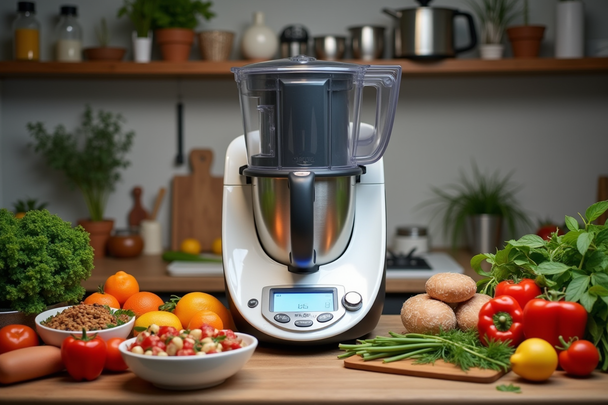 Thermomix entouré d ustensiles et ingrédients en cuisine
