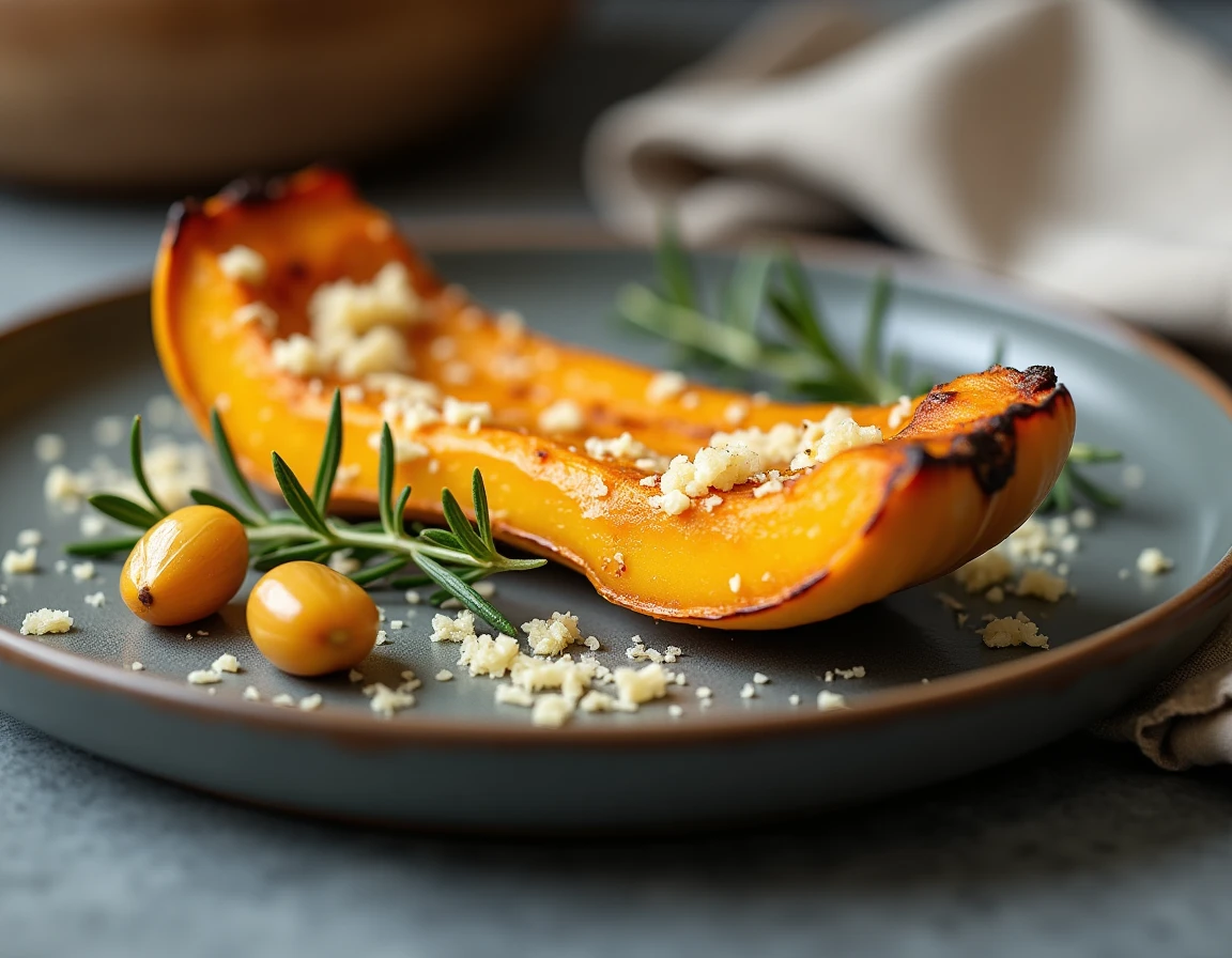Tranche de courge longue de Nice gratinée au parmesan et ail confit servie sur assiette en grès