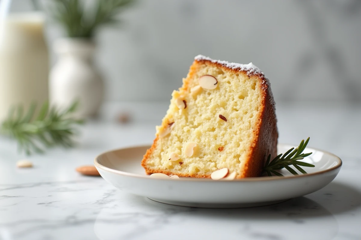 Tranche de gâteau aux amandes et yaourt sur une assiette blanche avec une fourchette, vue rapprochée révélant la texture moelleuse et humide de la mie