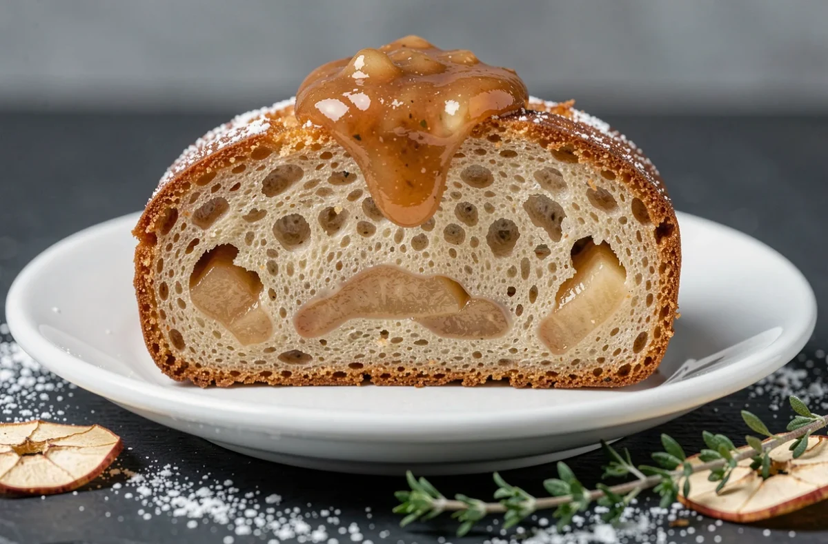 Tranche de gâteau à la compote de pomme en gros plan révélant une mie fondante et des morceaux de pomme caramélisés