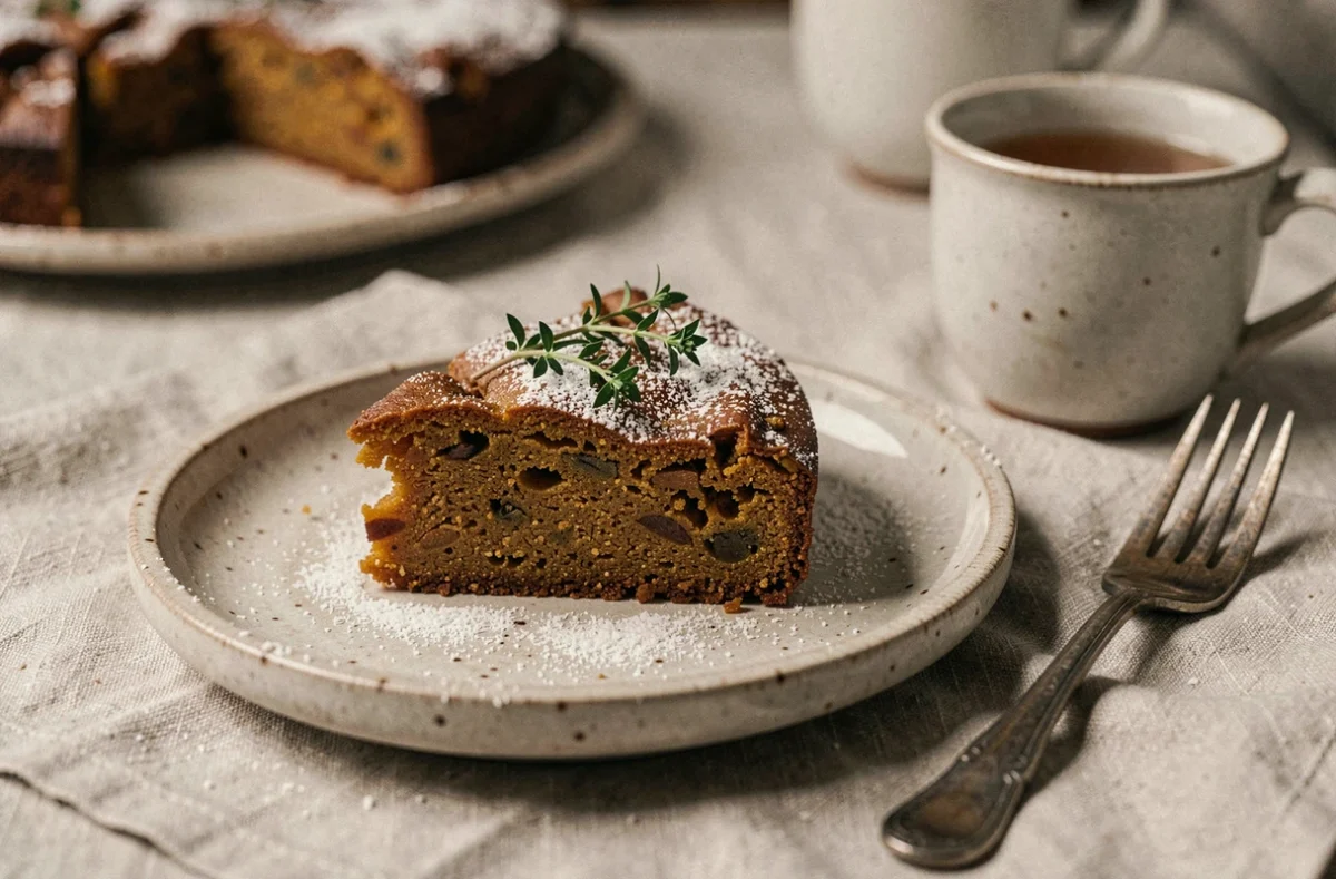 Tranche de gâteau vegan à la patate douce sur une assiette en grès avec du sucre glace et une tasse de thé