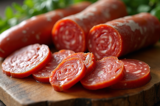 Tranches de chorizo sur planche en bois rustique