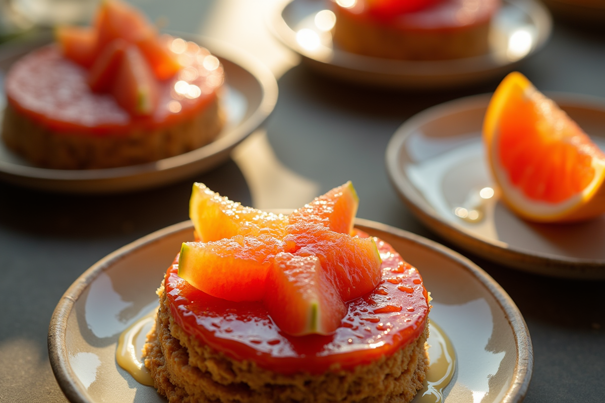 Tranches de starfruit décorant des desserts sur assiettes en céramique