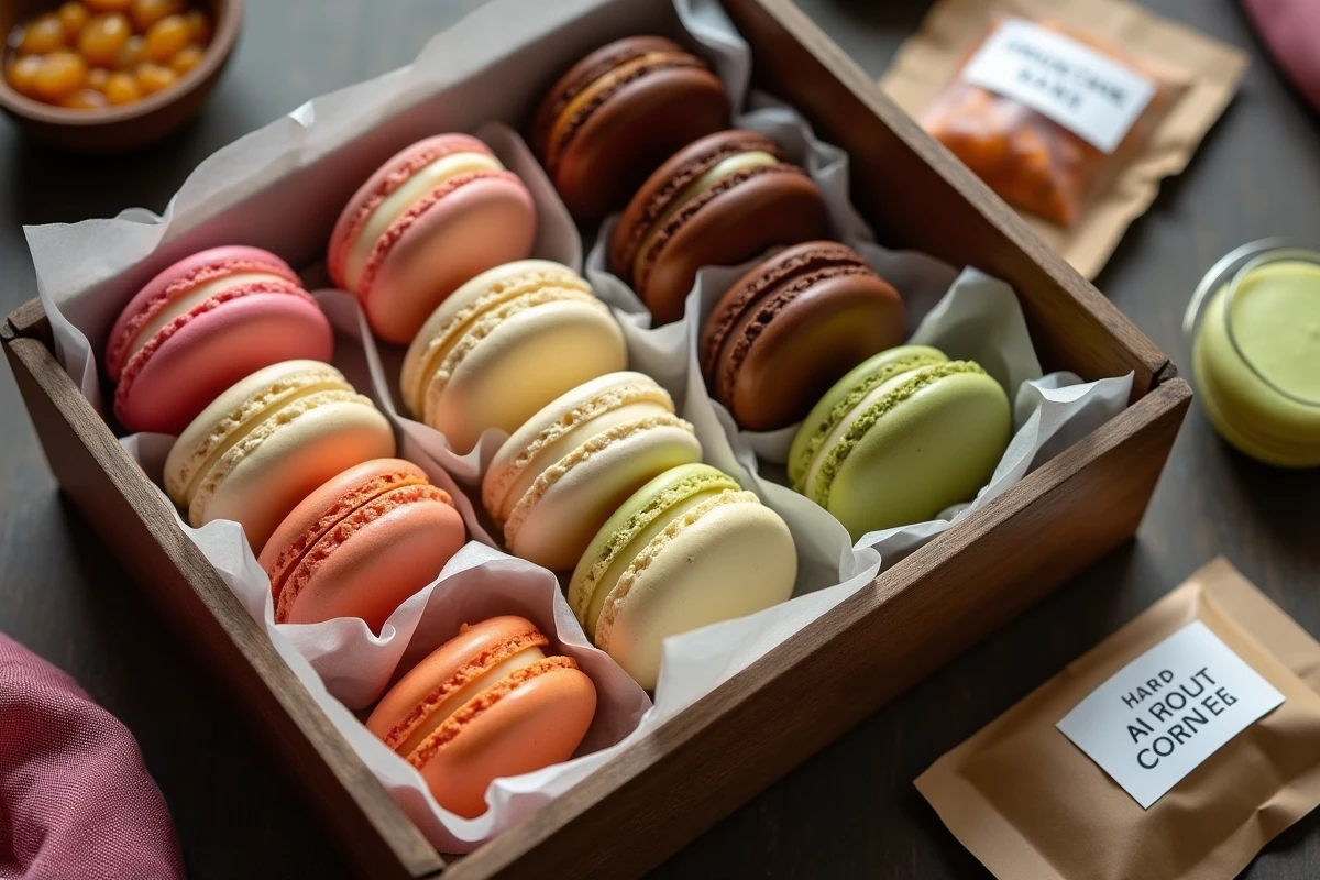 Coques macarons vides triées par couleur dans un plateau en bois avec des garnitures variées prêtes à l'emploi