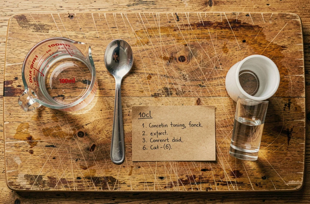 Vue de dessus d'ustensiles de mesure de cuisine incluant un verre doseur de 100 ml, une cuillère et des notes manuscrites sur les conversions de volume en centilitres