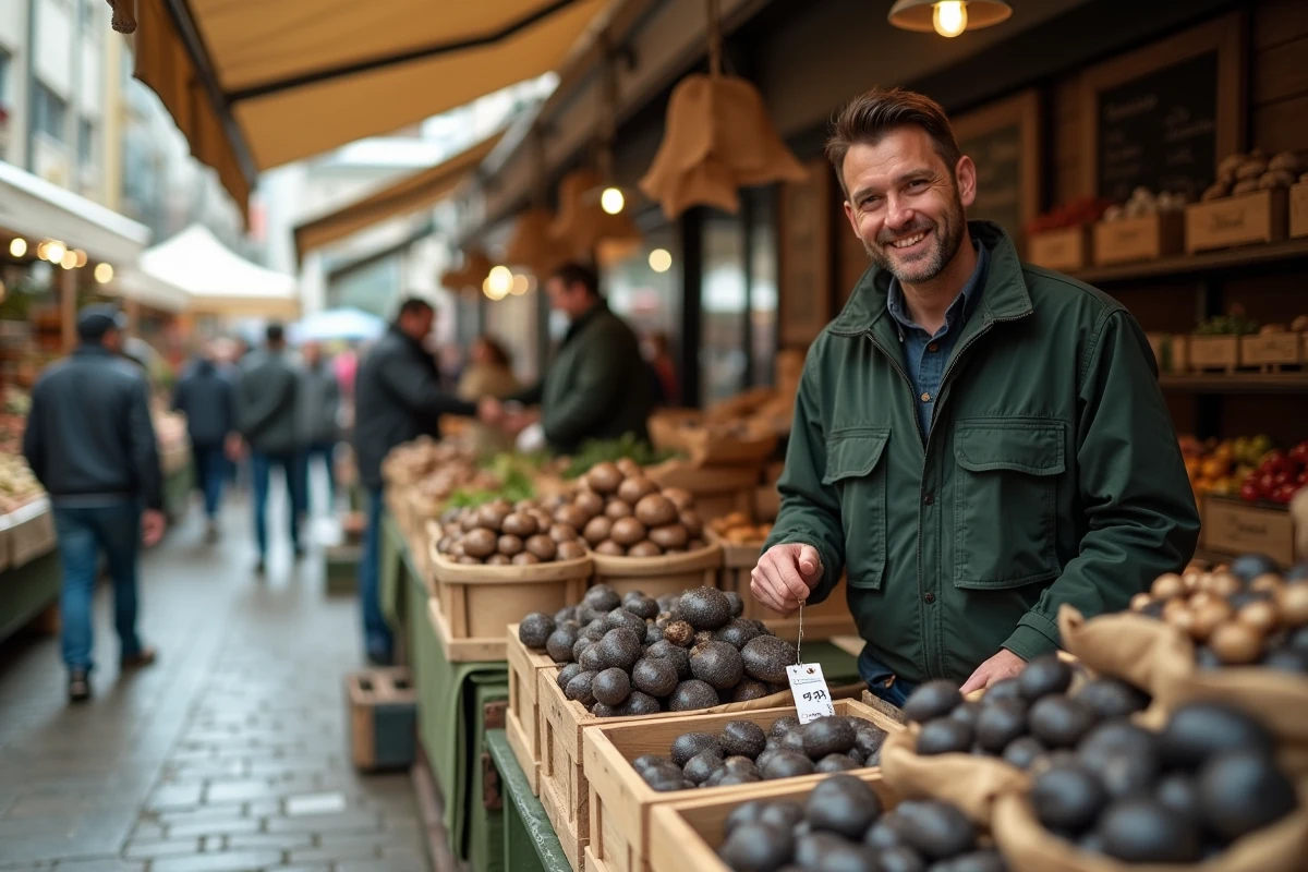 Vendeur de champignons charbonniers sur un étal de marché fermier avec étiquettes de prix pour la vente directe