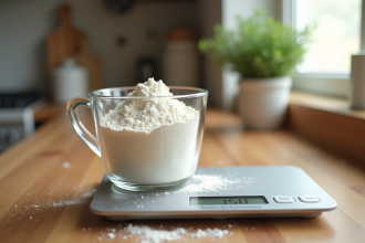 Verre de farine sur plan de travail en cuisine avec balance