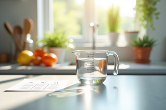 Verre mesure d'eau dans une cuisine lumineuse