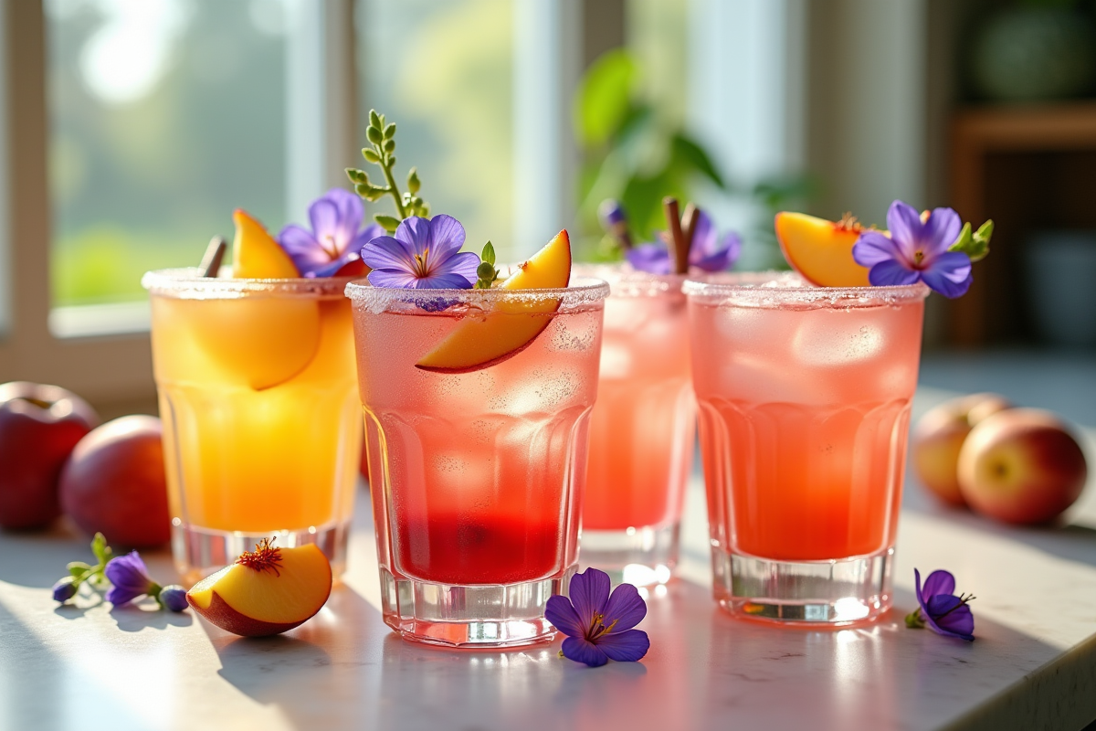 Groupe de cocktails colorés avec raisins peaches et violettes