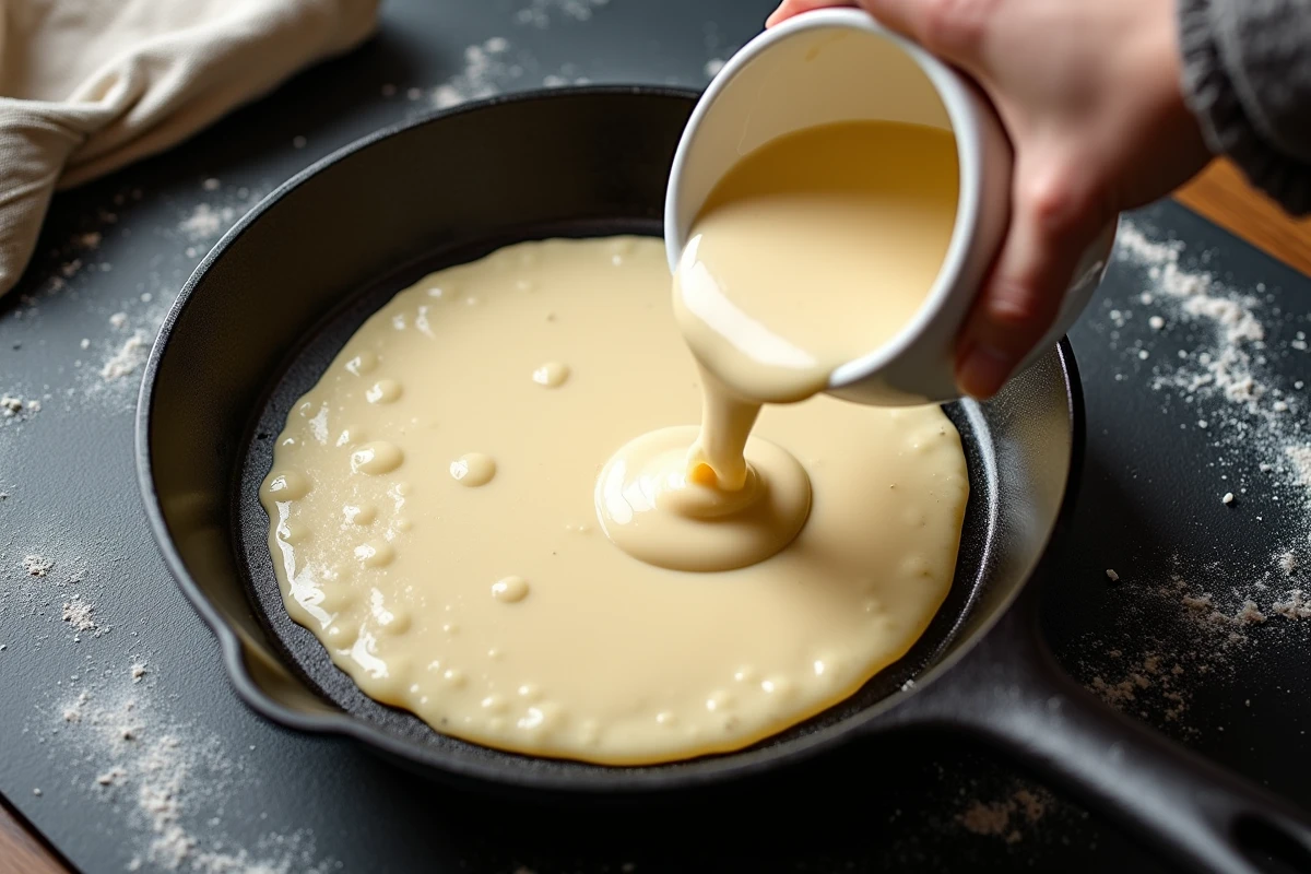 Pâte à crêpes sans temps de repos versée directement sur une poêle en fonte chaude