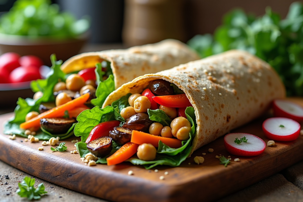 Wraps aux légumes colorés et pois chiches sur planche en bois